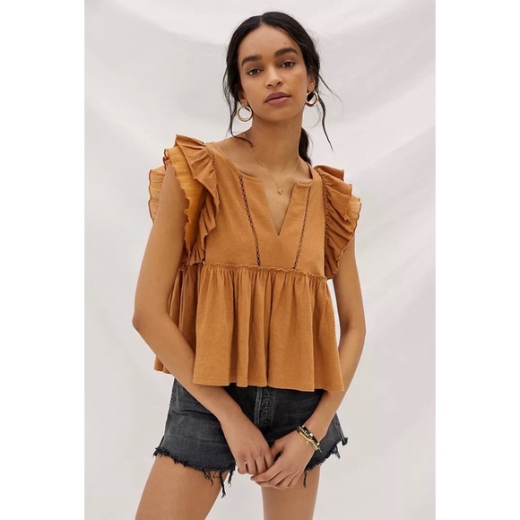 NWT ANTHROPOLOGIE CAROLINE RUFFLED BABYDOLL TOP IN CEDAR - Picture 5 of 7